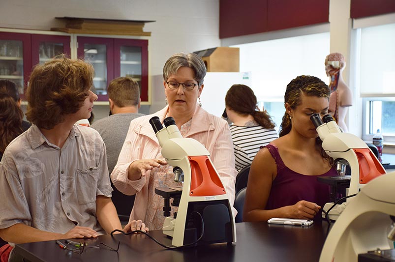 Cindy Kincer and students in the Biology lab using microscopes